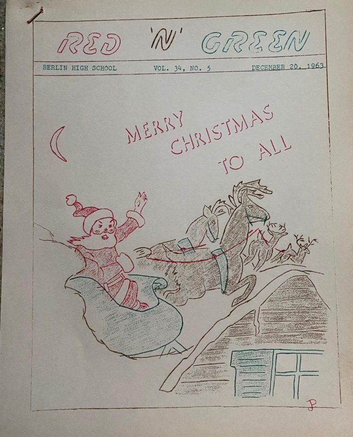 The December issue from 1963. From the 1930s through the mid 60s, The Red n Green was printed on 8.5x11 paper and stapled in the corner.