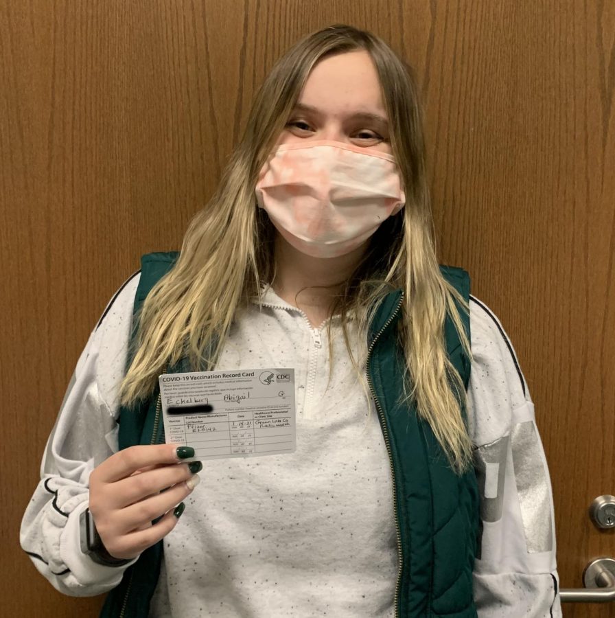 Senior Abby Eckelberg recently received the first dose of the Pfizer vaccine. To keep track of how many doses a person has had, everyone receives a COVID-19 Vaccination Record Card. 