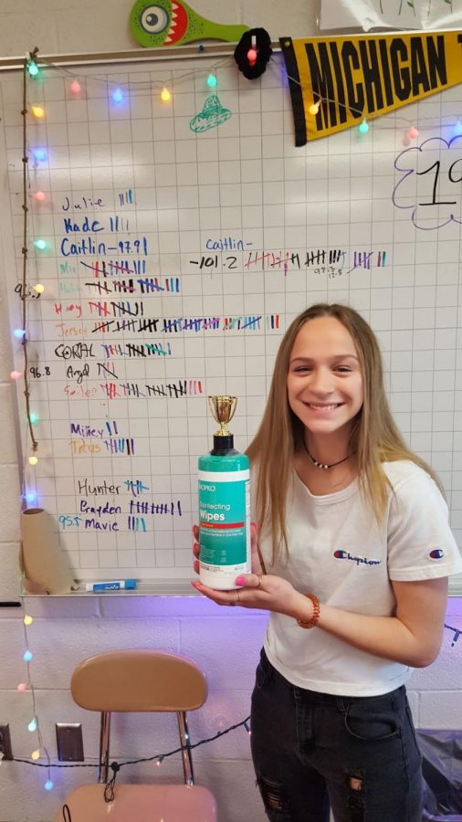 Sophomore Jersey Reck holds the “Lysol Cup” after winning the competition in math teacher Jeff Hetcher’s first hour Algebra I class. 