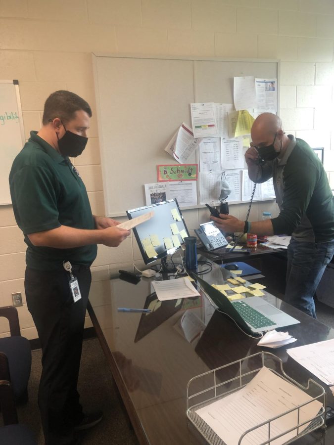 Principals Bednarek and Schmidt discuss the upcoming day before the first bell rings. They have started their days like this since the school year began.   
“Every day I try to touch base with Mr.Schmidt and talk to him. I want to make sure everything is going smoothly,” Bednarek said. 
