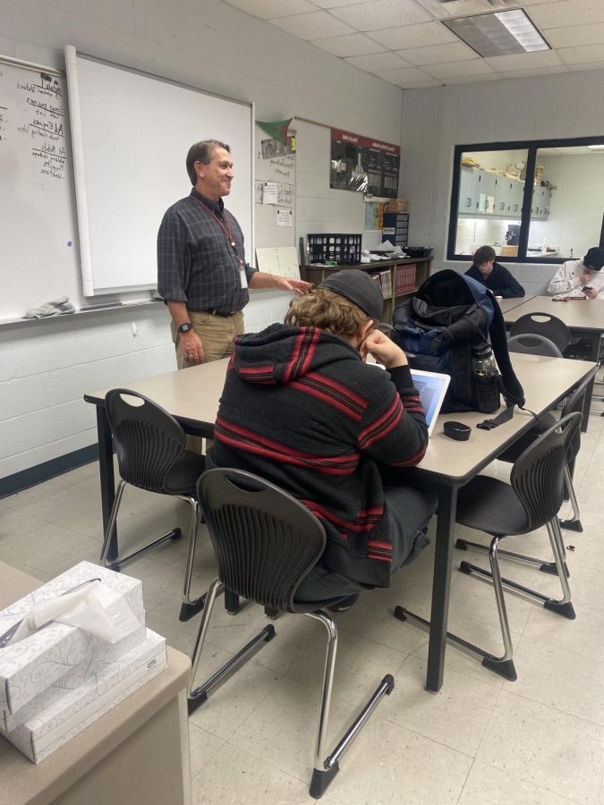 	
Retired teacher Bob Prellwitz substitutes for teacher Eric Willhite’s Small Engines class. Prellwitz substitutes regularly at the high school, teaching many different subjects. 
