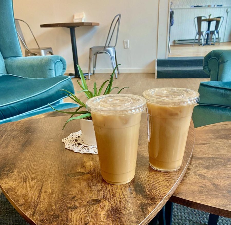 The iced caramel latte with almond milk and iced vanilla latte with almond milk from Riverside Coffee Company. 