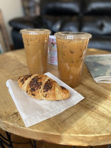 Two iced lattes and a chocolate hazelnut croissant from Sassafras in Green Lake.