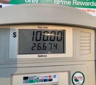 BP gas pump after a driver filled up. The total was $100 for 26.6 gallons of gas. 