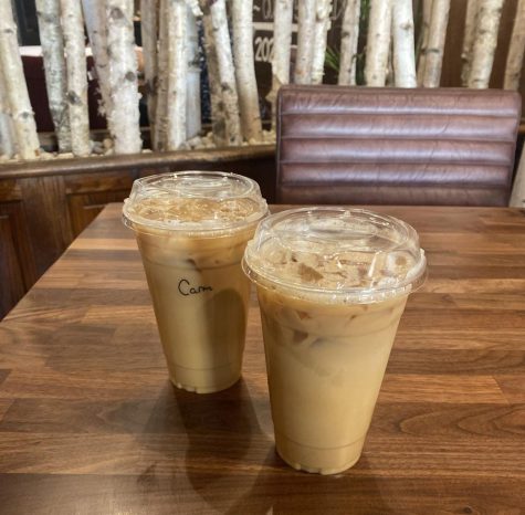 A large iced caramel latte and a large iced vanilla latte from MUGS and More in Ripon, WI.