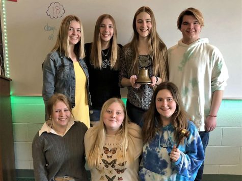 The Key Club board. Key Club is a club dedicated to acts of service and volunteering within the community. Pictured left to right, Webmaster Katelyn Piechowski, Vice President Brenna Mosier, President Anna Schumacher, Unofficial Co-Secretary Ethan Brunke, Bulletin Editor Aleea Lichtenberg, Treasurer Jenna Tuinstra, and Secretary Laurel Miller.