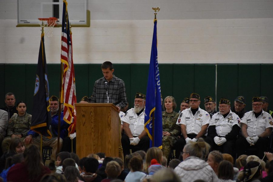 Senior Brady Pomplun gives his speech titled Why is the Veteran Important? during the Veterans Day program on Nov. 11. 