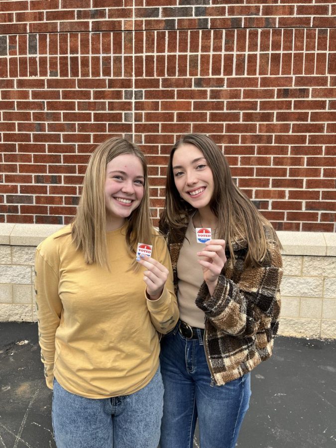 I+voted+after+school%2C+about+four+in+the+afternoon+at+the+Town+of+Marion+town+hall%2C+senior+Katelyn+Piechowski+said.+Seniors+Autumn+Young+and+Katelyn+Piechowski%2C+after+they+voted%2C+photographed+with+their+stickers+recieved+from+voting.+