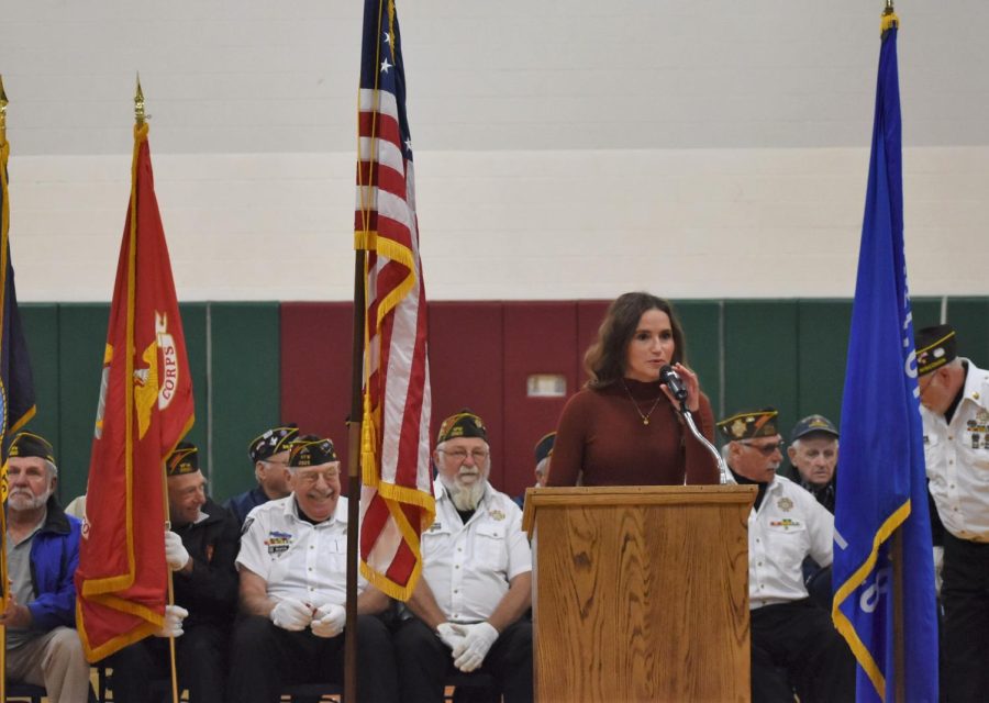 Middle School principal Colleen Pariso gives her speech about the history and importance of Veterans Day to the district. It is my privilege and the privilege of the Berlin Area School District to say thank you to all veterans for your sacrifice and service. We stand by you as you have sacrificed so much so that we can work and learn in our schools and live safely in our community. You embody the best examples of unity. As we continue with our day, please honor our American Veterans for their patriotism, love of country, their service, and sacrifice for the common good of us all, Pariso said. 