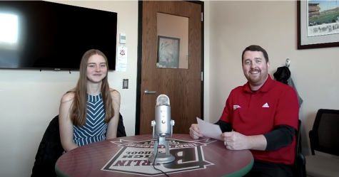 Senior Anna Schumacher and Principal Bryant Bednarek smile at the camera during a recent episode of “Mr. B and Me.”

