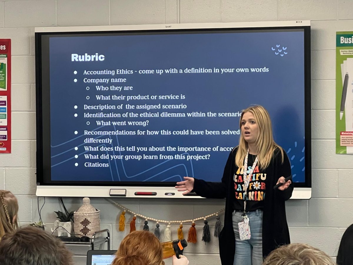 Business education teacher Lindsey Rost is teaching her students about the rubric she has for a project. She likes to do project based projects.