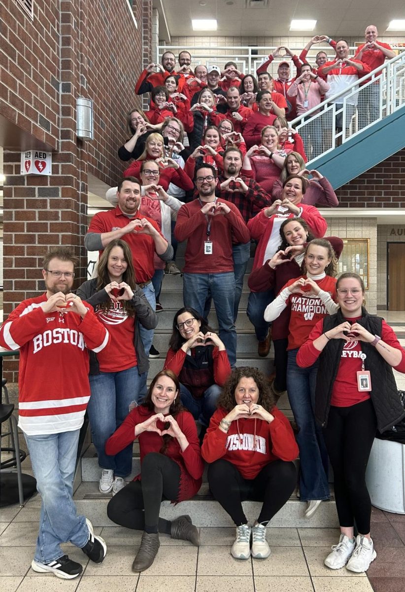 The high school faculty wore red in support for special education teacher Ray Mlada on Friday Feb. 2. The staff also did a jean fundraiser, raising $940 for his cause.