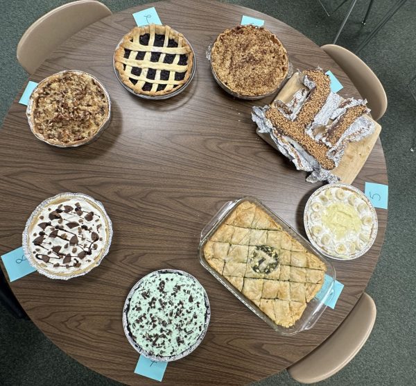 Calculus students made pies for pi day, March 14. Thomas Schumacher won the event with his ice cream pie. 