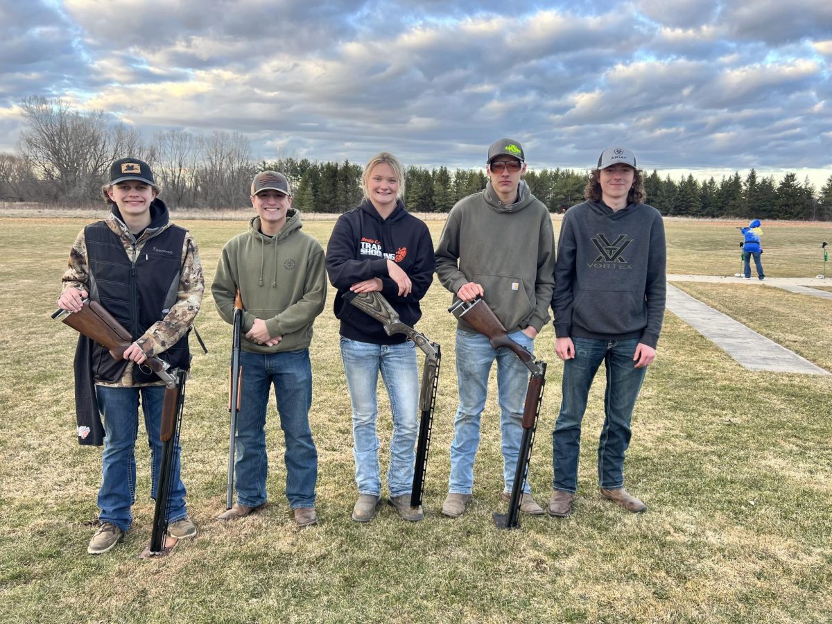 Going right to left are sophomore Dierks Martin, juniors Owen Hutzler, Ali Young, Dalton Peters, and senior RJ Gropp won their first shoot of the season 226-209 at the Berlin Conservation Club.
