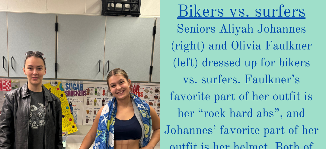 On Thursday, the fourth day of homecoming, seniors Aliyah Johannes (right) and OIivia Faulkner (left) dressed up for bikers vs. surfers. 