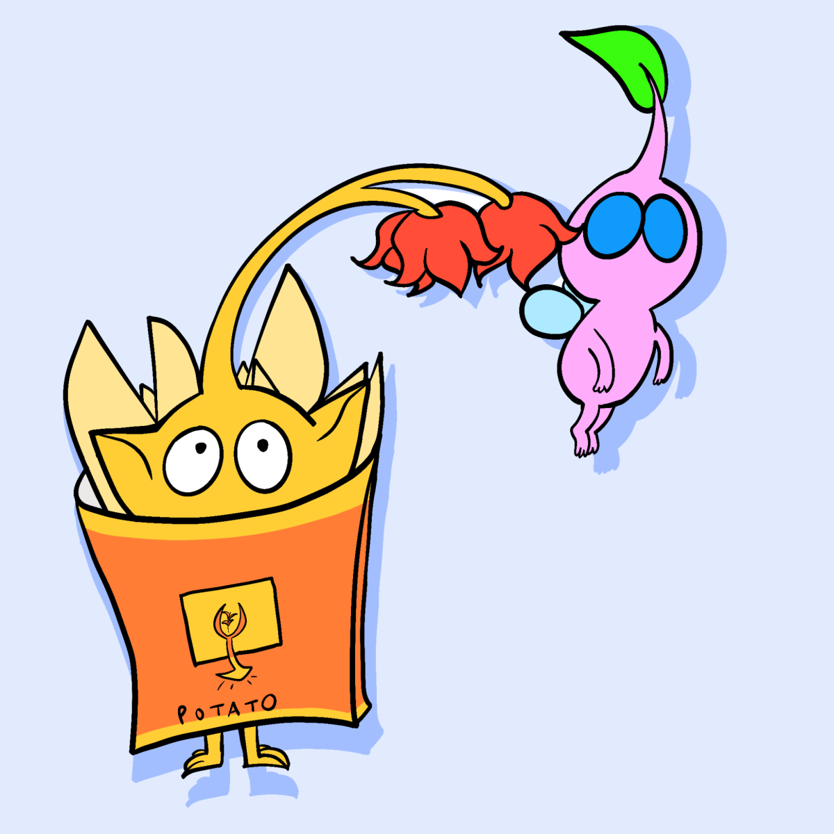 A yellow Pikmin (left) wearing a decoration and standing next to a pink Pikmin (right). Pink Pikmin are able to fly and are the fastest Pikmin.  