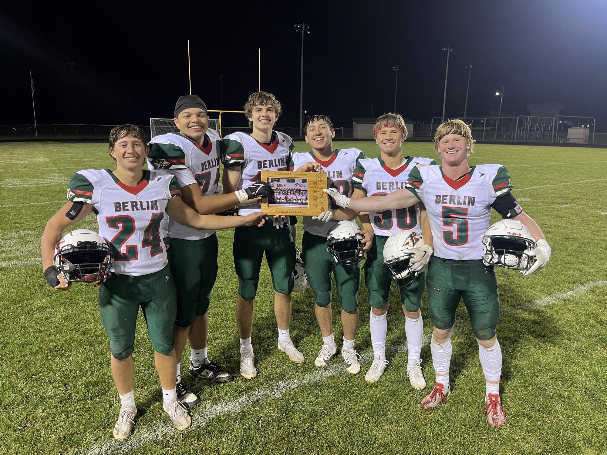 The football team played in the playoffs in Mayville on Friday Nov. 1, losing 28-26. From left to right Max Sonnentag 24, Zeath Hoinacki-Lowe 71, Aaron Bartol 15, Josue Rubio 70, Kale Bending 30, Luke Budde 5. “Aaron, Luke, Kale, Max, Josue, and Zeath, Thank you for your efforts and dedication to Berlin Football the last four years. You are an exceptional group of young men who will do great things in this world. I was lucky to be your coach! Thank you men!,” Head Coach Joe Stellmacher said. 