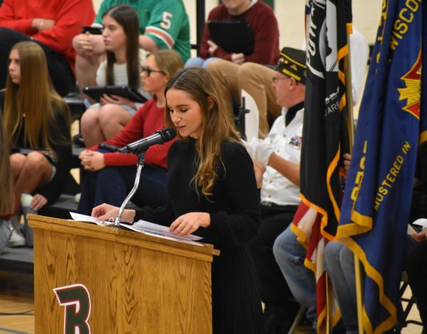 BMS Principal Colleen Pariso gives her speech “Loyalty and Legacy.” “The idea was using two of the values that spread across all branches of the military and how we can use those values to support our veterans, classmates, families, and community members,” Pariso said.