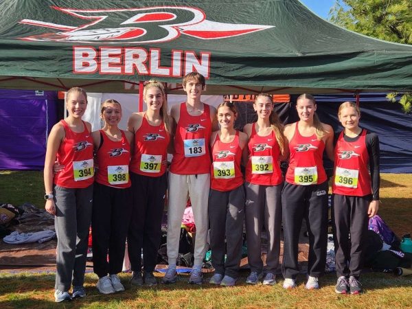 (L-R) Junior Aubrey Kurczek, sophomore Mia Ledesma, senior Callie Kurczek, junior Thomas McCarthy, sophomore Katera Hartzke, sophomore Abigail Shattuck, junior Audrey Shattuck, and junior Ashlyn Strebelinski at the state cross country meet Nov. 2. The girls' team placed 12th and McCarthy placed 19th. 