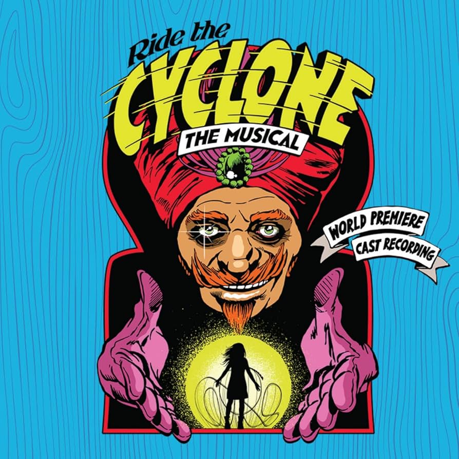 The album cover made by Jacob Richmond and Brooke Maxwell for “Ride the Cyclone” consists of Karnak surrounding a spotlight which has an unknown character in front of the Cyclone.