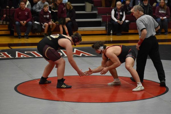 Junior Jakob Martin prepares to wrestle opponent.