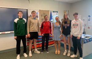 The Spanish Four class, from left to right: juniors Thomas McCarthy, James Paskey, Spanish teacher Jairo Granados, Becca Bartol, Lilian Johnson, and Daniel Dunbar. The class was celebrating a fiesta. “We’re the only Spanish four class,” junior Becca Bartol said.
