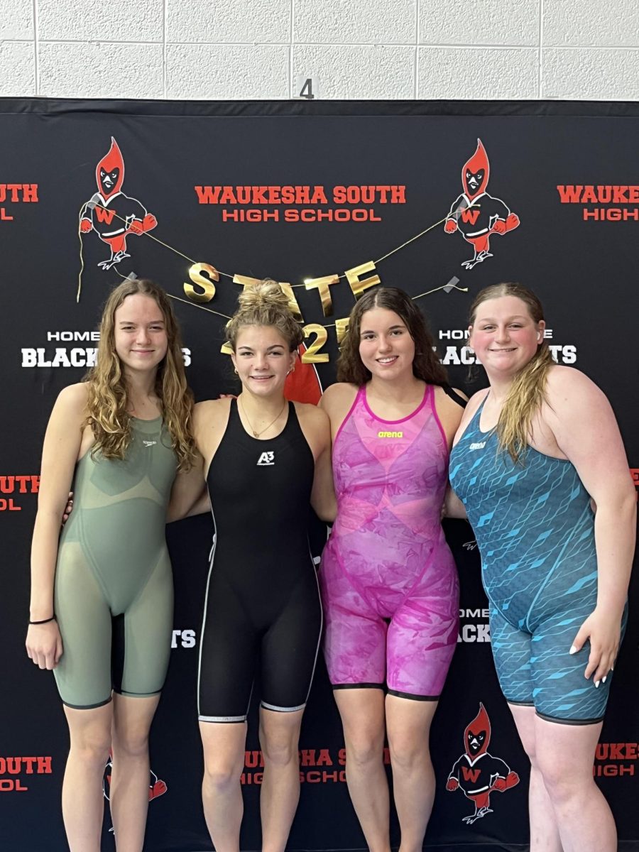 Left to right: sophomore Anna Schliepp, Green lake senior Peyton Zamzow, sophomore Alexia Pacurar, and senior Kyla Manata. The relay team placed in the top ten in each of their relays during the state girls swimming competition on Nov. 15 at Waukesha South High School. “The journey to state was filled with a lot of hard work, a lot of dedication, and a lot of laps,” Slonecker said.