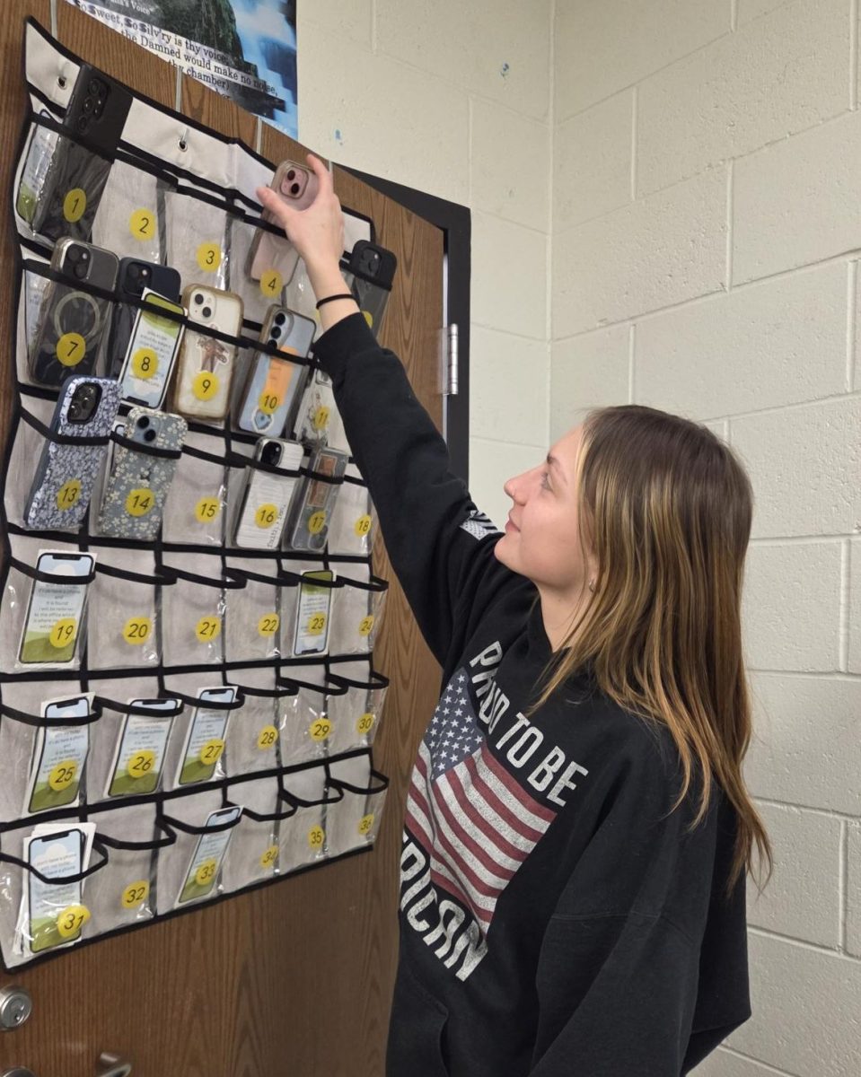Senior Veda Jecevicus complies with the phone policy during class time. She thought the law was shocking, and will be unhelpful. "I think when it gets to high school, we need to be prepared for our real life," Jecevicus said.