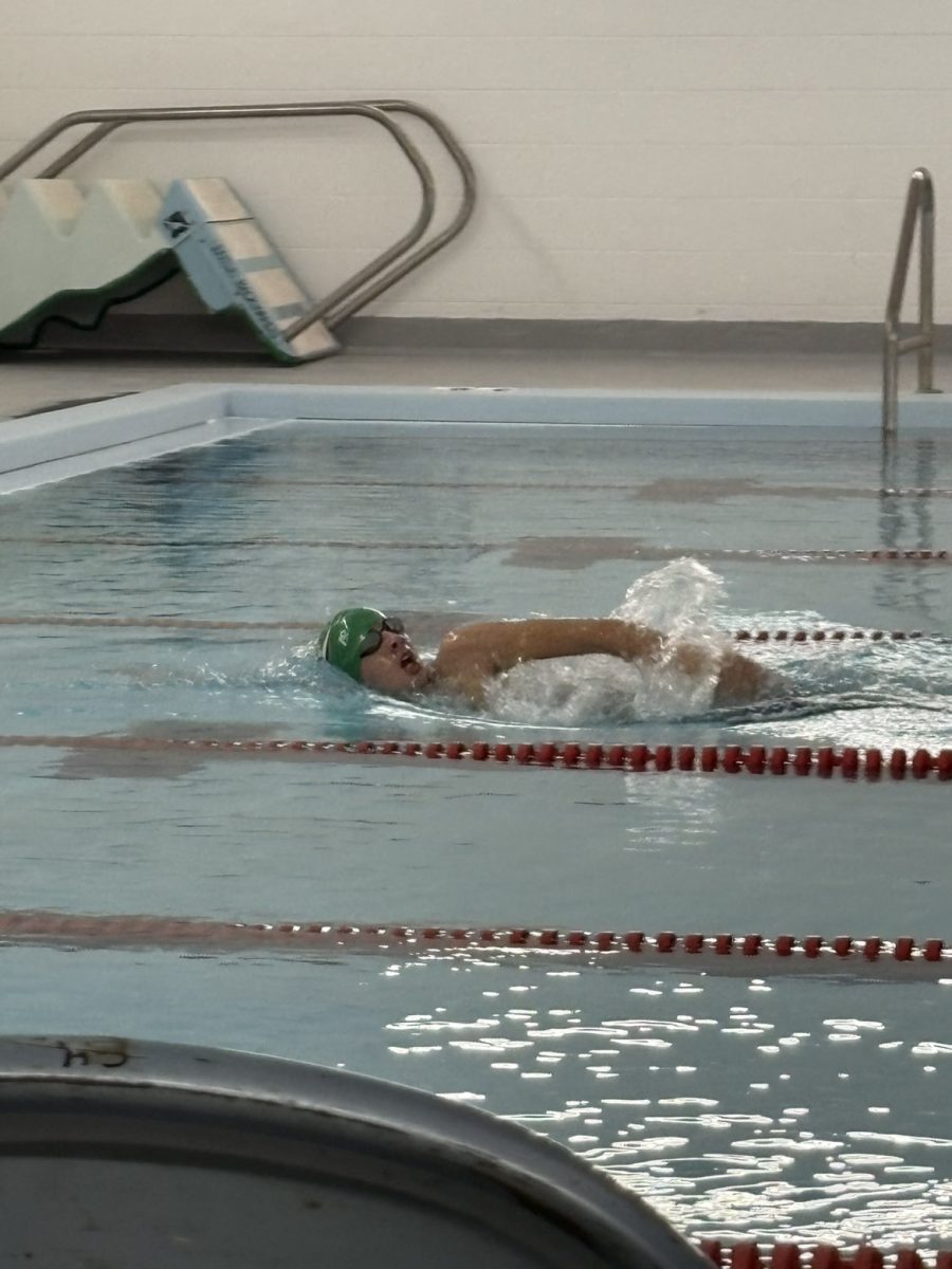 Sophomore Lane Burgess competes in a relay during the boy’s first meet at Berlin.  
