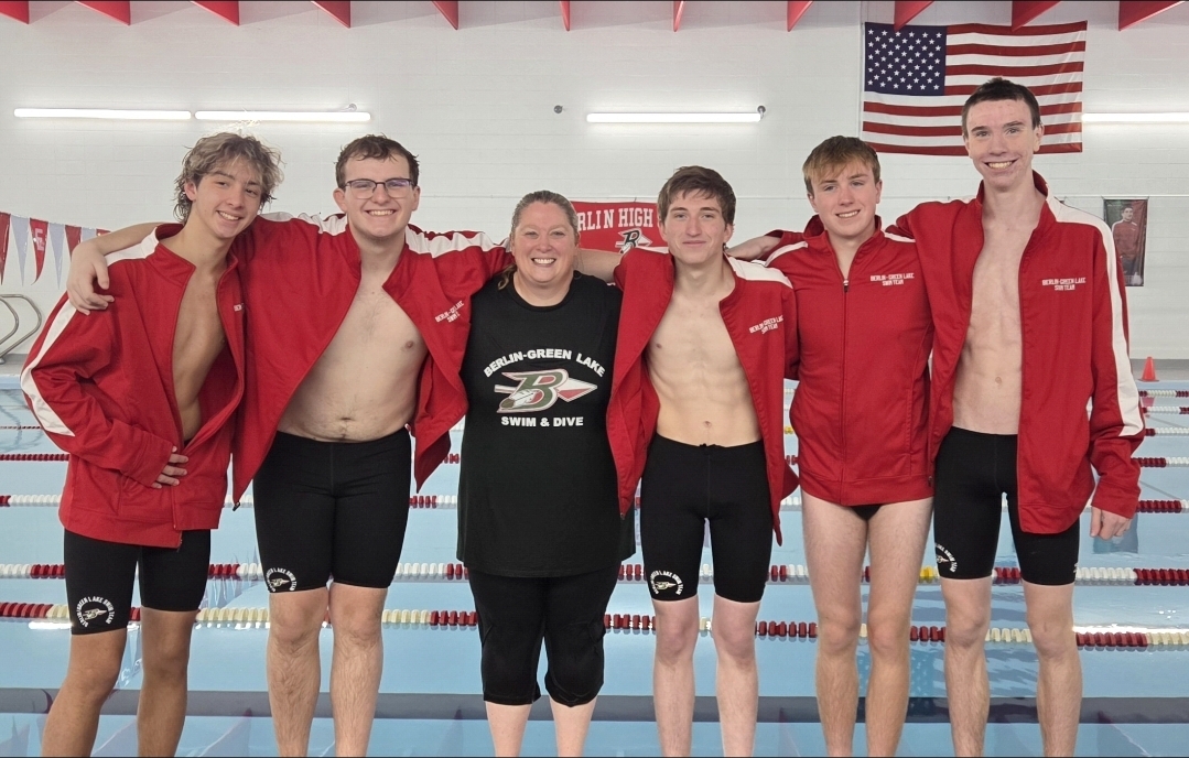 The boy's swim team after they first meet at Berlin. Left to right: Lane Burgess, Jack Gerber, Amy Slonecker, Garrett Lundt, Blake Mertens, Toby Miller. 