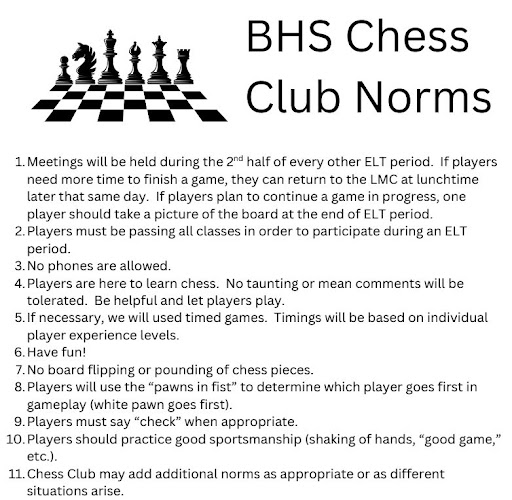 BHS Chess Club Norms, created by Advisor Library Media Specialist Sarah Gumtow, juniors Nick Strum and Troy Taylor, and sophomore Emileena Neconish. “I like chess because it strengthens your mind,” Strum said. 