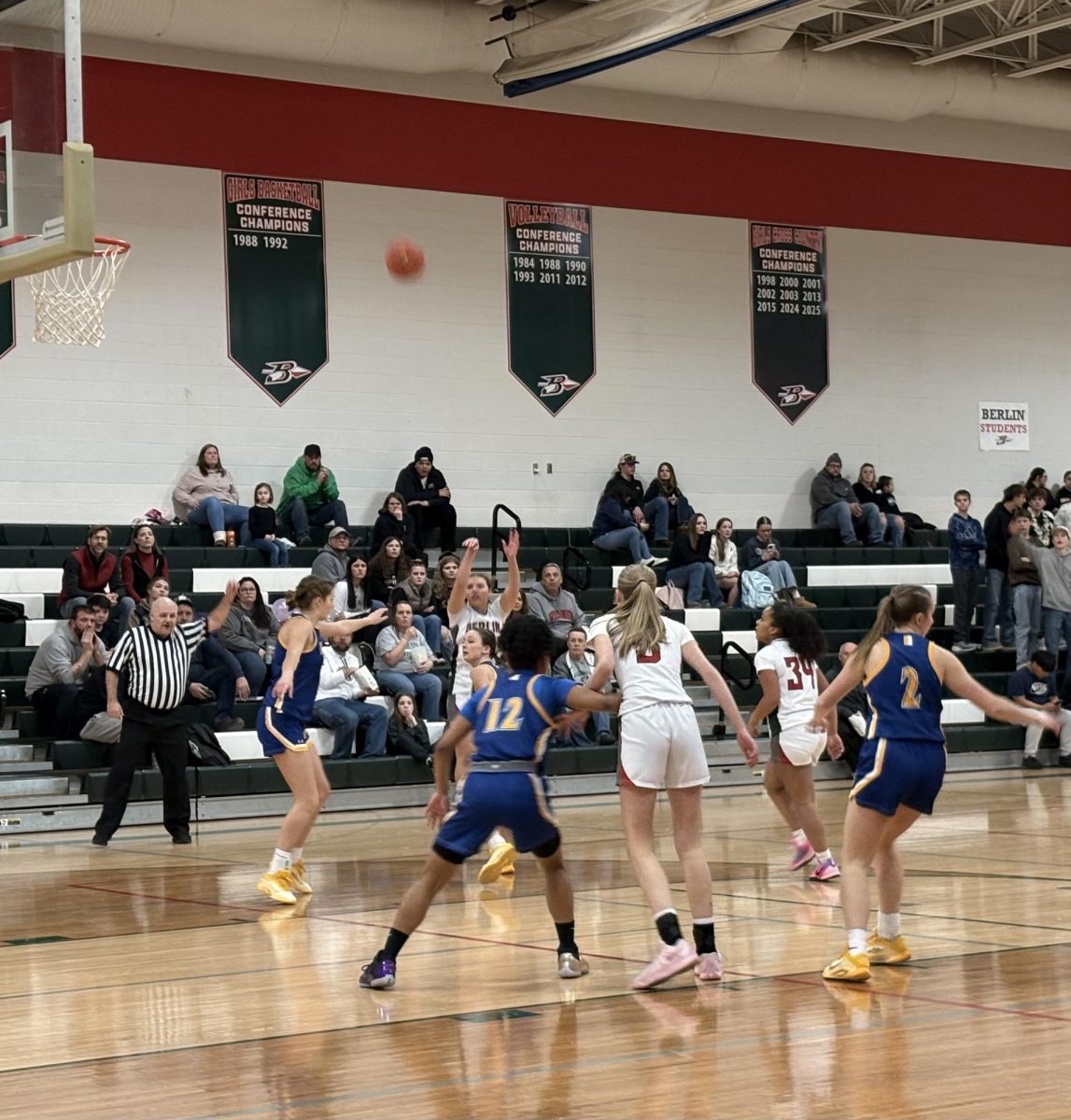 The Berlin girls basketball team prepares for a rebound as senior Becca Bartol takes a shot on Jan. 27 at Berlin against Mauston. “My favorite thing about basketball, or any sport in general, is just the connections you make with everybody,” post Lilly Johnson said.
