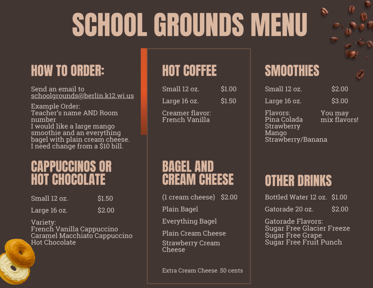 The newly redesigned School Grounds menu was created by junior Audrianna Reiser, applying real-life marketing skills to create a look that appeals to the entire school. “ My biggest achievement is making the new menu for School Grounds because I loved how it looked, and I got other people's opinions, and they liked it as well,” Reiser said. 