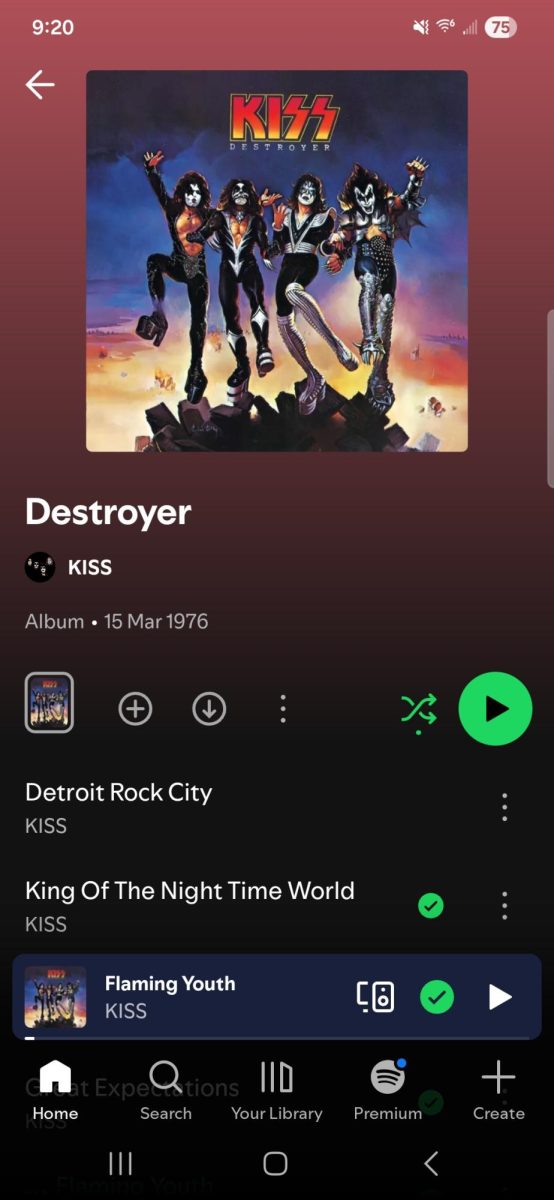 “Destroyer,” the fourth album by KISS, was released on March 15, 1976. The cover art depicts the four main band members, Paul Stanley, Peter Criss, Ace Frehley, and Gene Simmons, in their signature outfits coming out from a ruined, fiery city, leaping in triumph. 